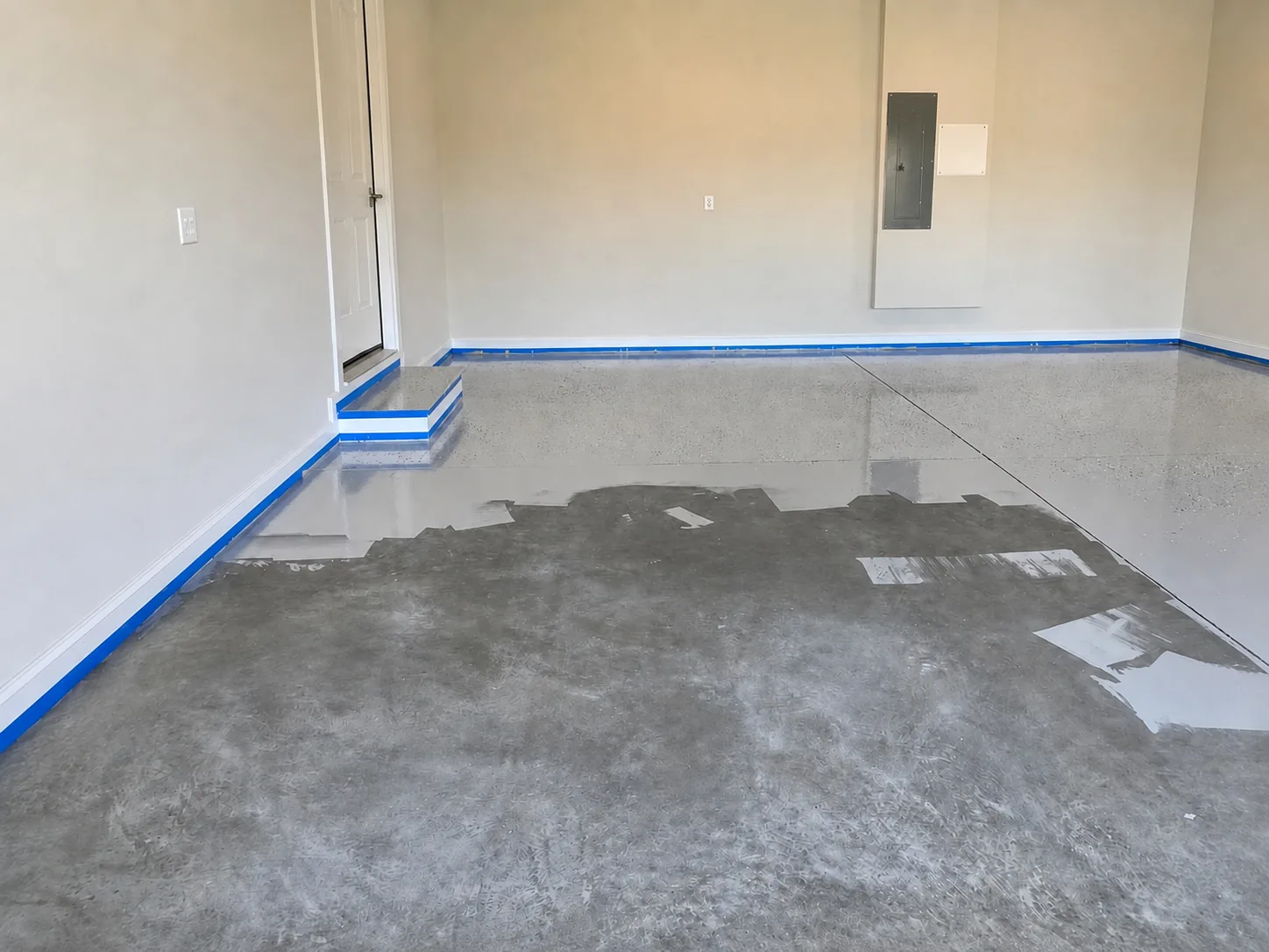 Epoxy primer coat spreading across a Vancouver garage floor mid-installation — base coat curing with blue masking tape along walls