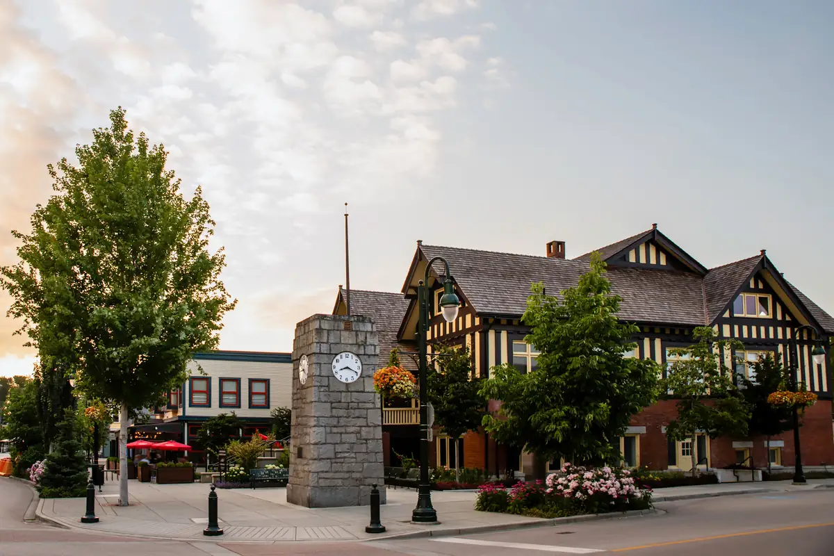 The clock tower and heritage buildings in Ladner Village, Delta, BC