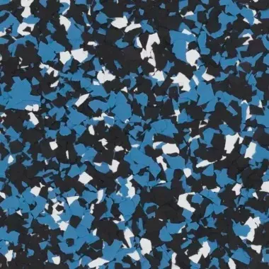 Cam flake epoxy flooring Vancouver — teal blue black white chip blend