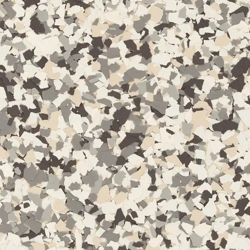 Chickadee flake epoxy flooring Vancouver — warm neutral grey beige chip blend