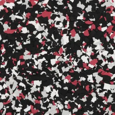 Daredevil flake epoxy flooring Vancouver — black red white chip blend