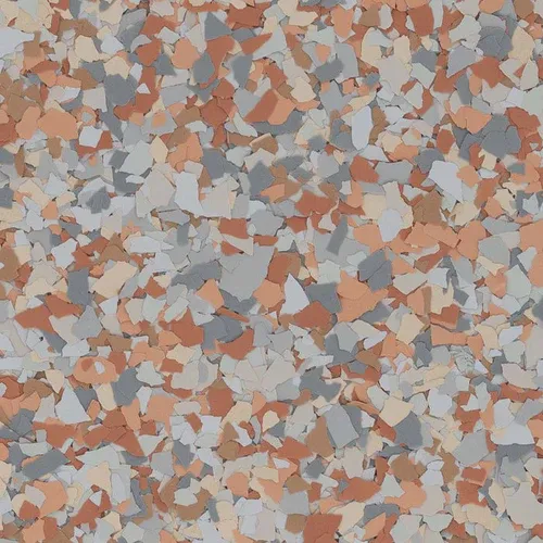 Dingo flake epoxy flooring Vancouver — terracotta rust grey cream chip blend
