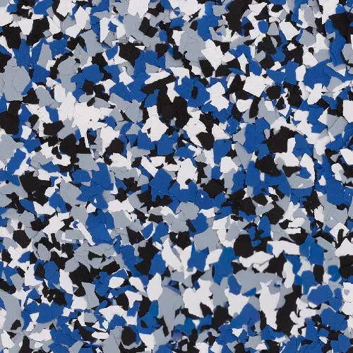 Orbit flake epoxy flooring Vancouver — blue black white chip blend