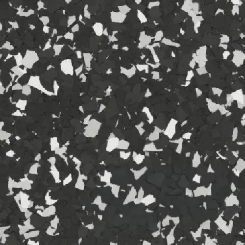 Raven flake epoxy flooring Vancouver — near-black with white and blue accent chips