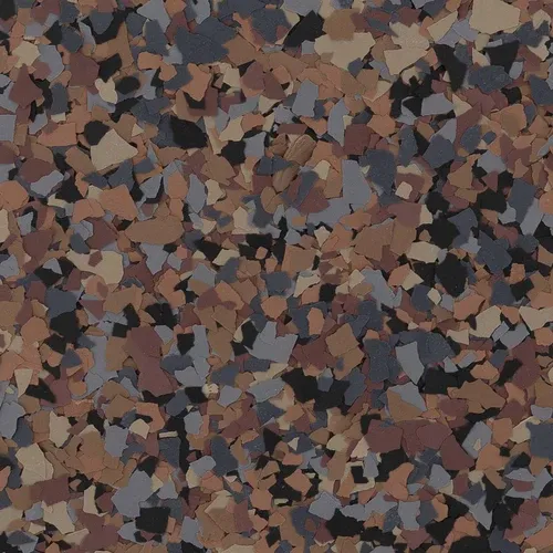 Sparrow flake epoxy flooring Vancouver — dark brown rust grey tan chip blend
