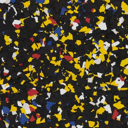 Steel City flake epoxy flooring Vancouver — black yellow red blue white chip blend