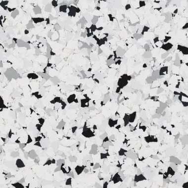 Suave flake epoxy flooring Vancouver — black white grey chip blend