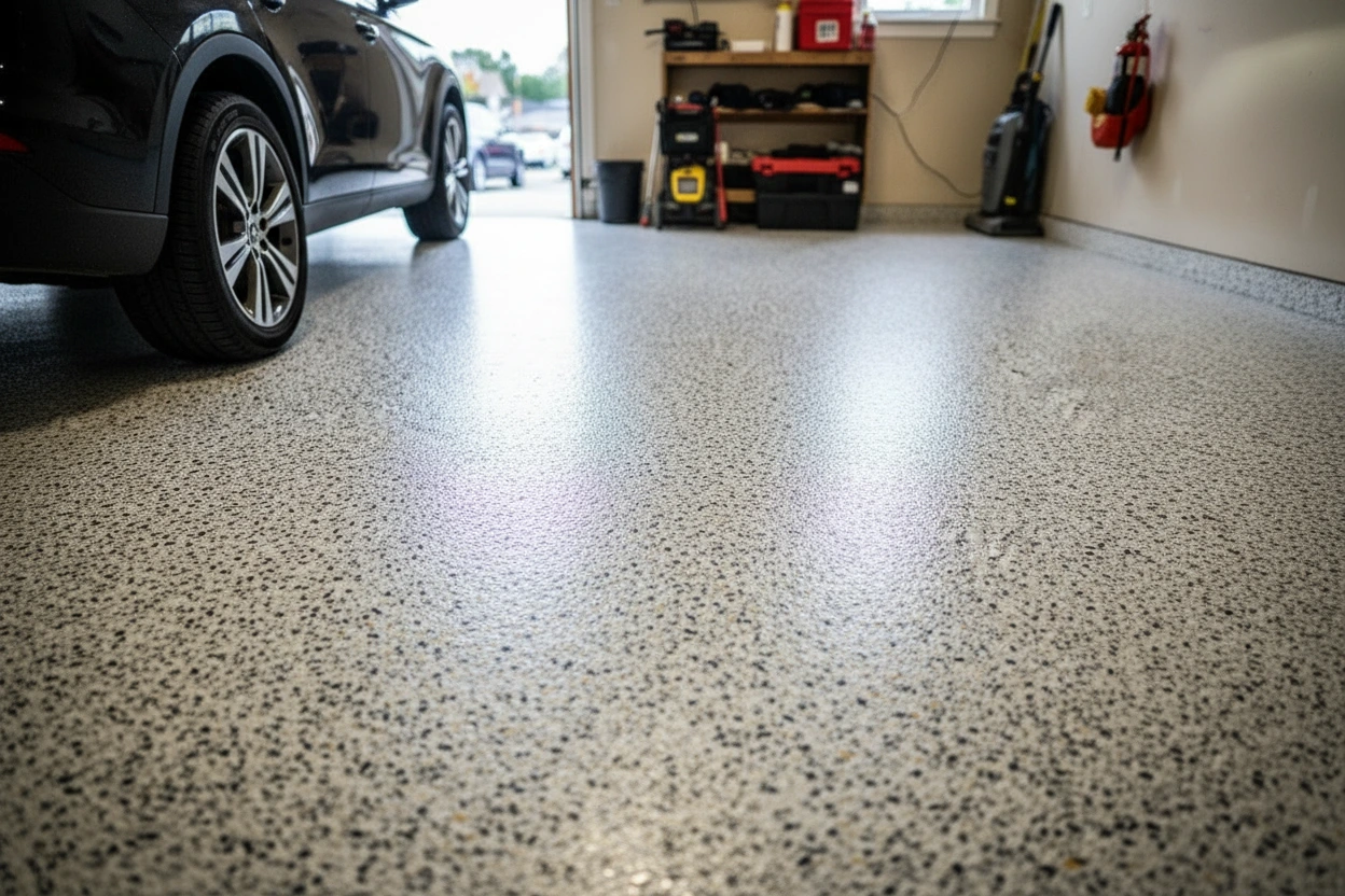 Epoxy flake floor coating Vancouver garage — grey and black chip finish with car parked on surface