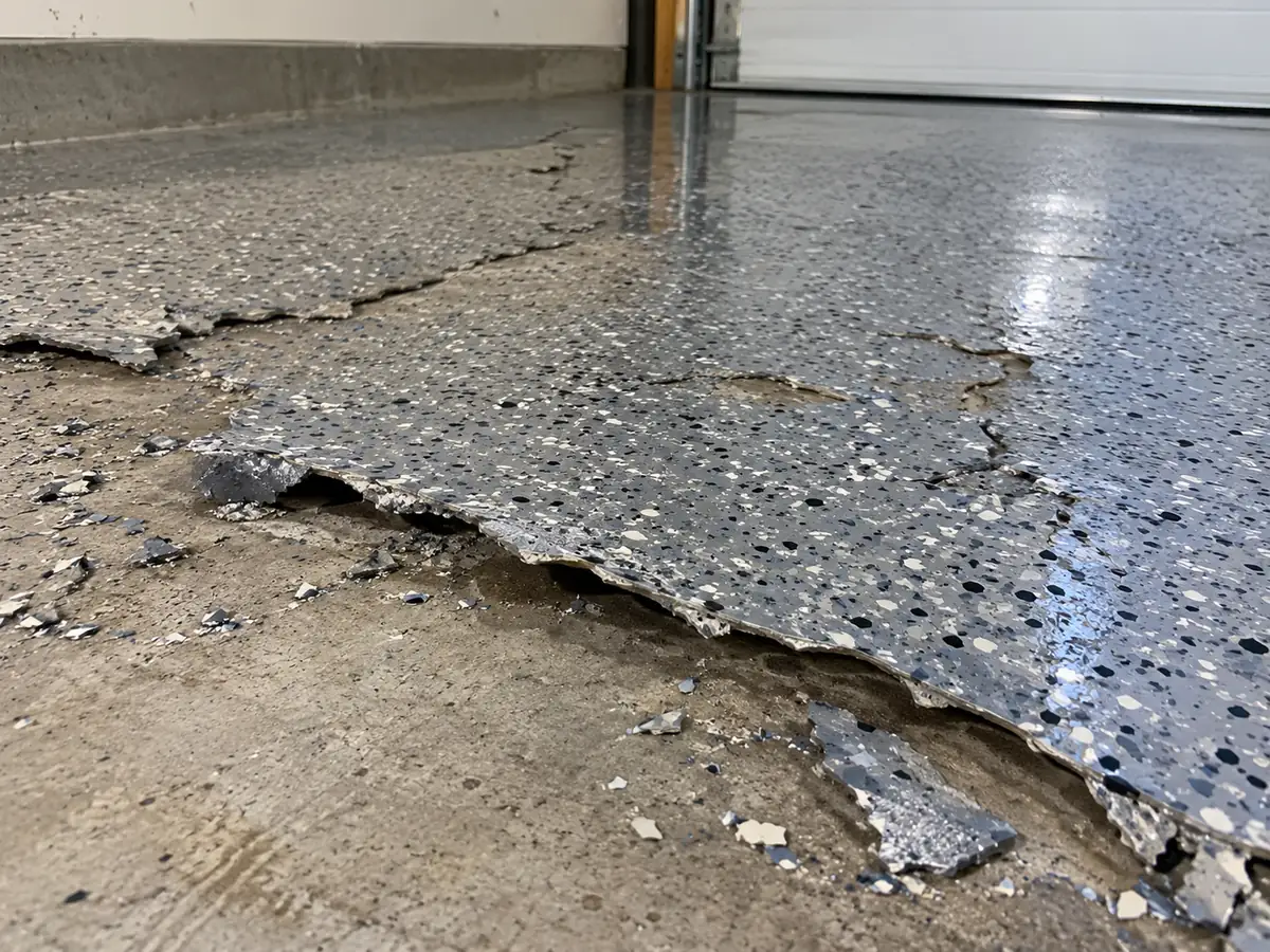 Flake epoxy coating lifting in a sheet off a garage slab that was never diamond ground