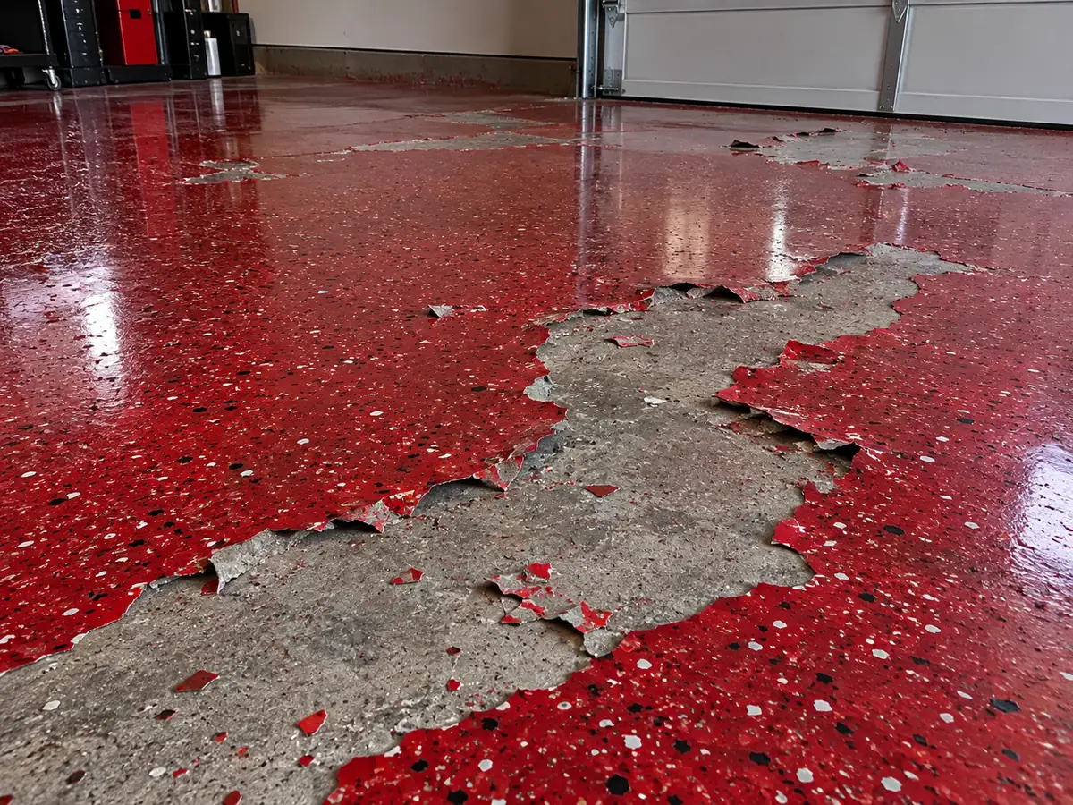 Red flake epoxy garage floor peeling back to bare concrete in the parking area