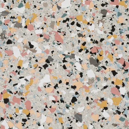 Gumball terrazzo epoxy flooring Vancouver — grey base with yellow pink blue and teal chips