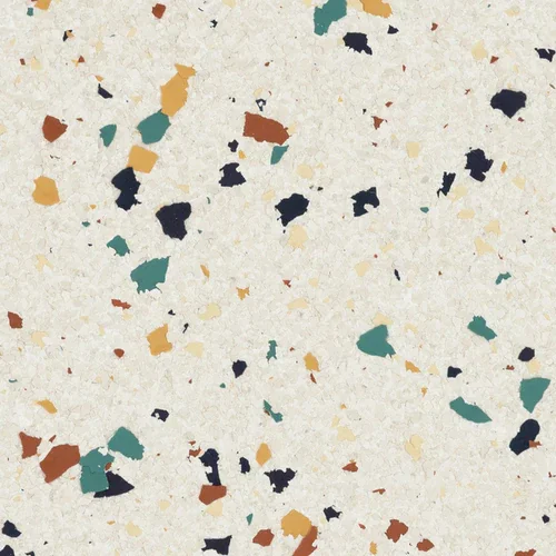 Jawbreaker terrazzo epoxy flooring Vancouver — cream base with teal navy and brown chips