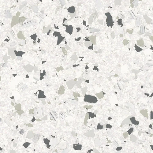 Juneau terrazzo epoxy flooring Vancouver — white base with sage and grey chips