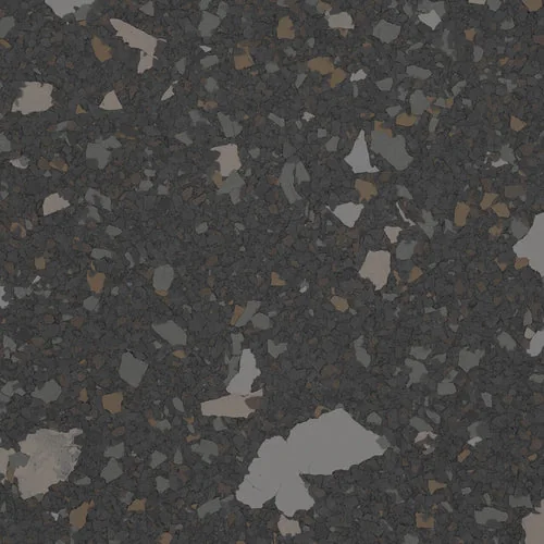 Moxie terrazzo epoxy flooring Vancouver — dark charcoal base with bronze and silver chips
