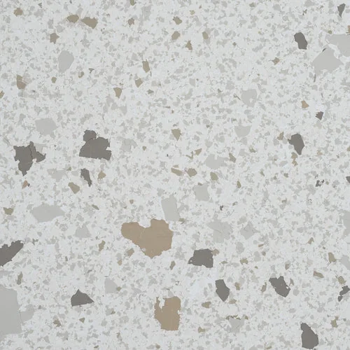 Silken terrazzo epoxy flooring Vancouver — bright white base with fine grey and taupe chips