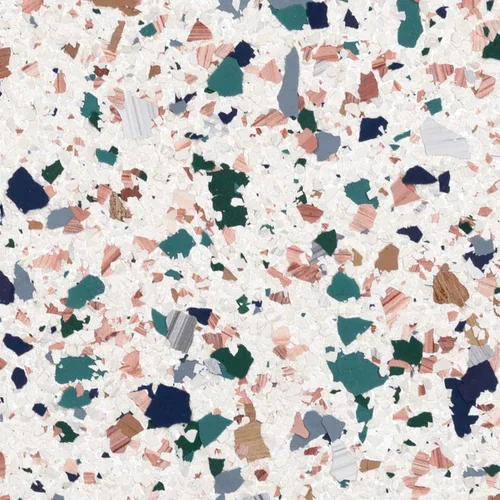 Taffy terrazzo epoxy flooring Vancouver — white base with teal navy pink and brown chips